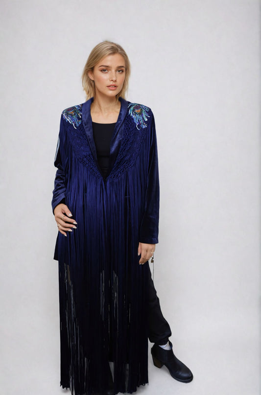 Blue Peacock Macrame Fringes Jacket